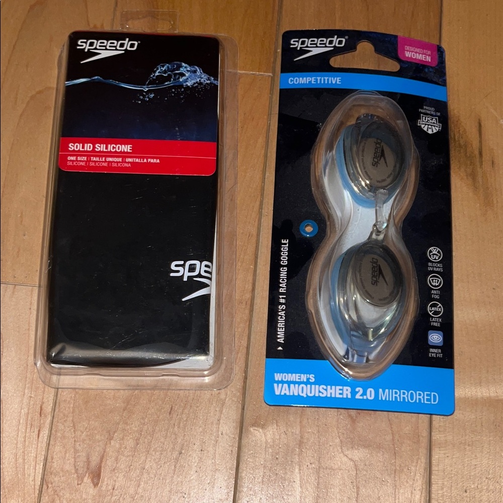 Speedo Solid Silicone Swim Cap and Vanquisher 2.0 Goggles Set - Black and Silver